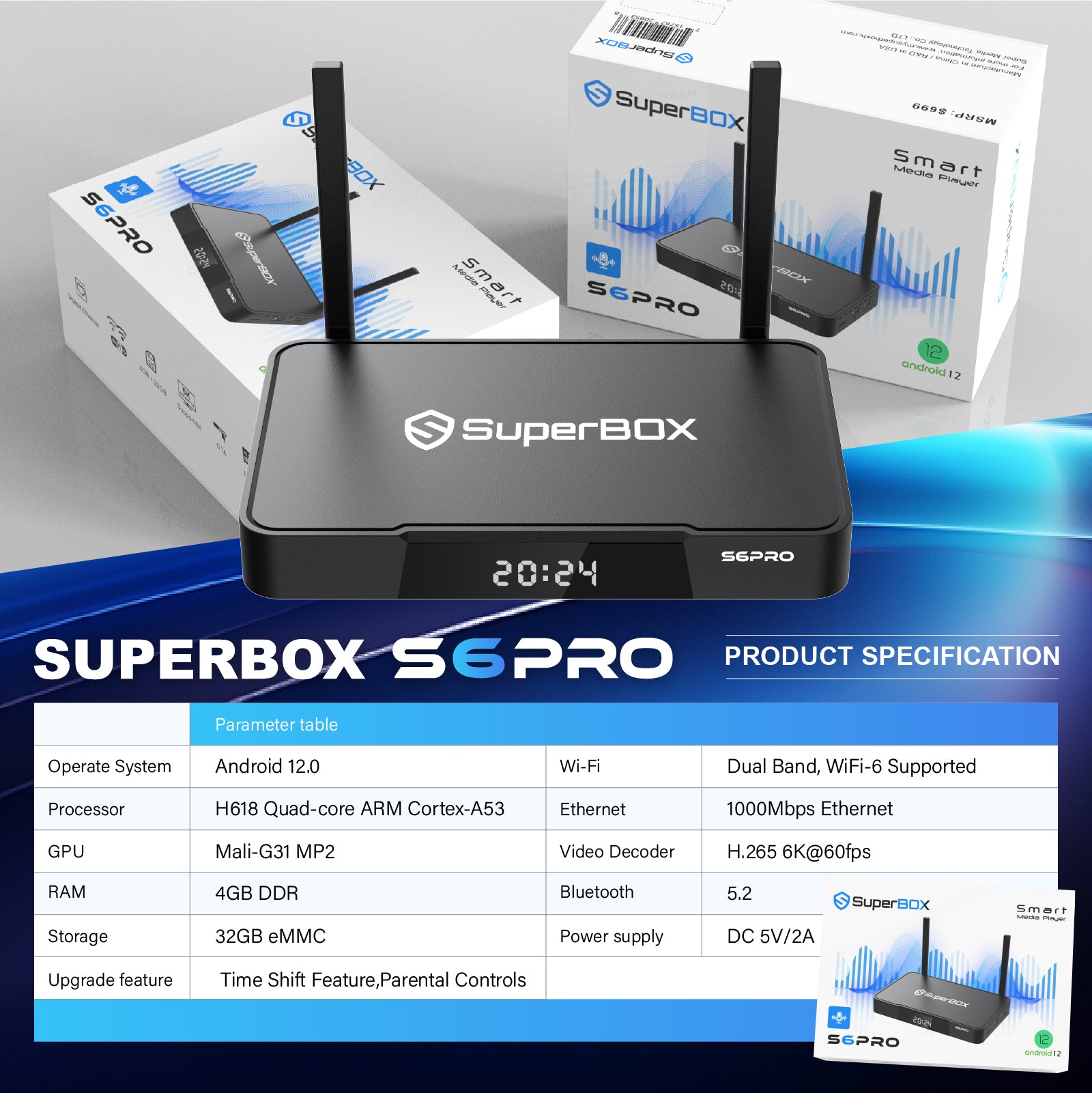 SuperBox S6 PRO Fully Loaded,2025 Newest Pack,4G+64G Powerful Smart Box,Time Shift, Parental Control Time,Super Powerful TV Box with Voice Remote Control,Ideal for Home