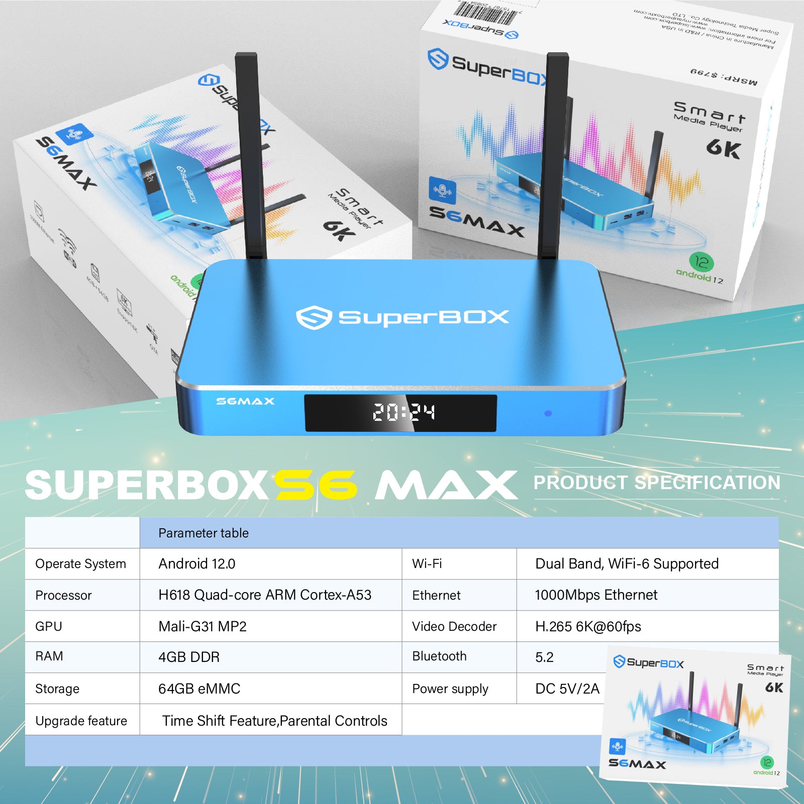 SuperBox S6 MAX Fully Loaded,2025 Newest Pack,4G+64G Powerful Smart Box,Time Shift, Parental Control Time,Super Powerful TV Box with Voice Remote Control,Ideal for Home