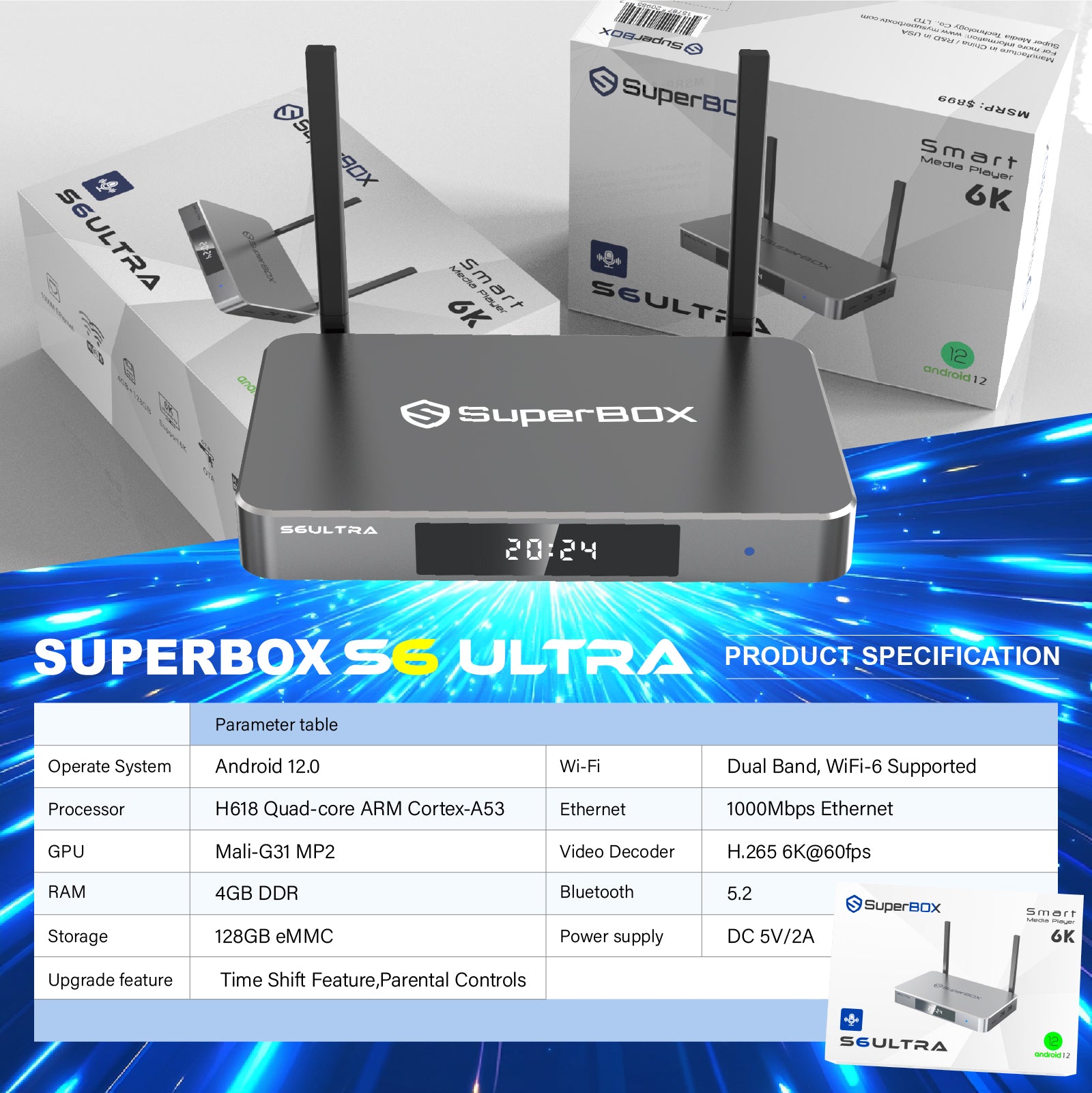 Latest SuperBox S6 Ultra Fully Loaded,2025 Newest Pack,4G+128G Powerful Smart Box,Time Shift, Parental Control Time,Super Powerful TV Box with Voice Remote Control,Ideal for Home