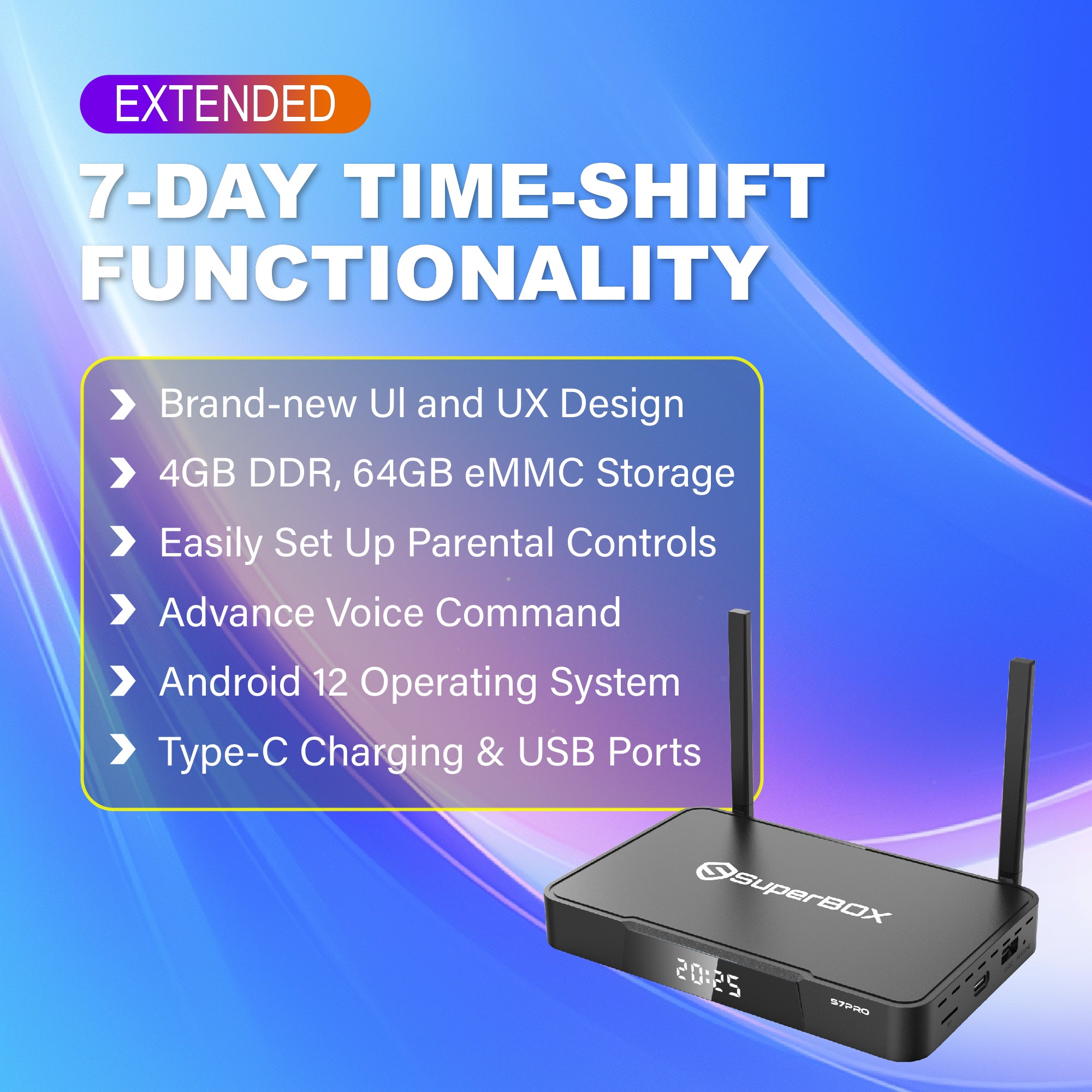 Latest SuperBox S7Pro Fully Loaded,4G+32G Powerful Smart Box,7-Days Time Shift, Parental Control Time,with Voice Remote Control,Perfect for Family